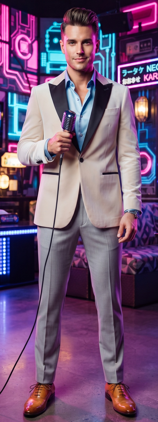 Ivory Velvet Dinner Blazer and Light Blue Shirt Neon Lounge Look