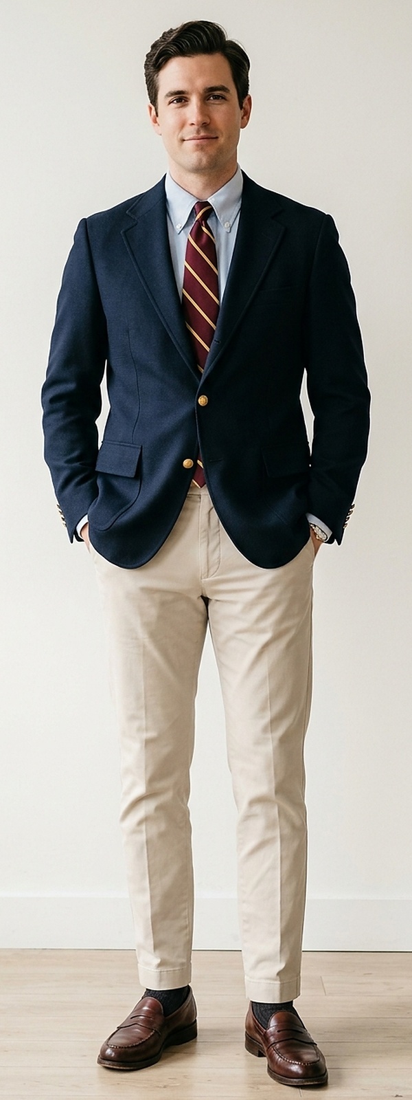 Ivy League Classic Navy Hopsack Blazer with Oxford Shirt and Stone Chinos