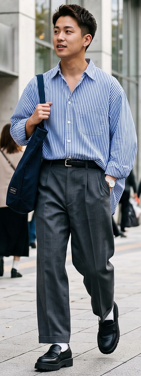Japanese City Boy Striped Oversized Shirt with Pleated Charcoal Wide-Leg Trousers, Navy Tote, and Chunky Loafers Outfit