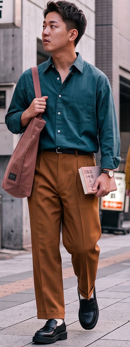 Japanese City Boy Teal Button-Down Shirt with Pleated Caramel Wide-Leg Trousers, Pink Canvas Tote, and Chunky Loafers Outfit
