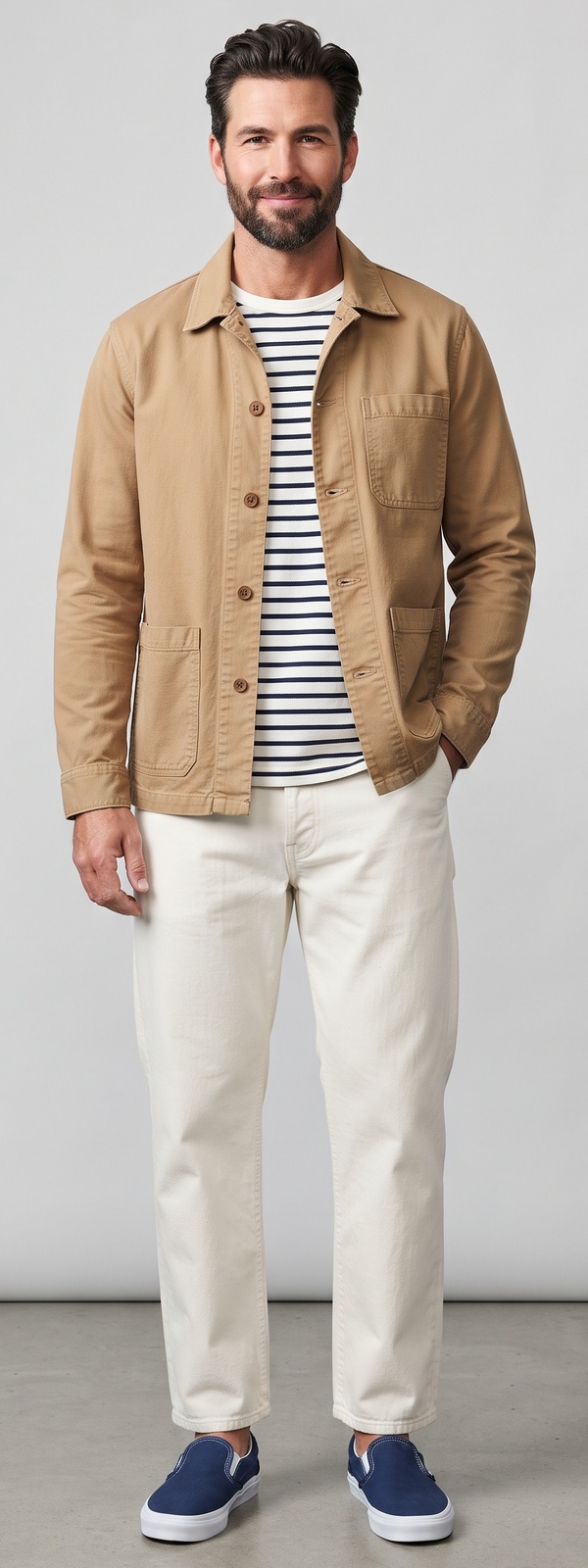 Khaki Chore Jacket Breton Stripe Tee and Cream Chino Pants Look