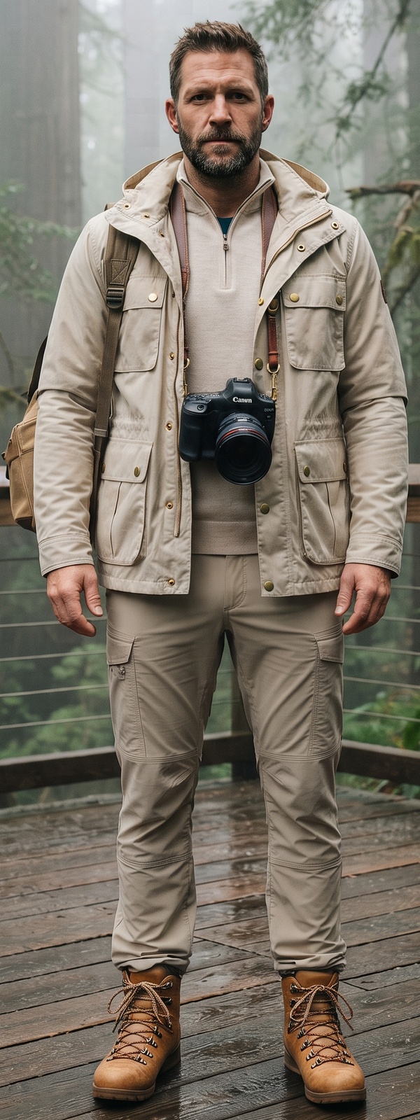 Khaki Field Jacket and Oatmeal Quarter Zip Misty Forest Photography Look