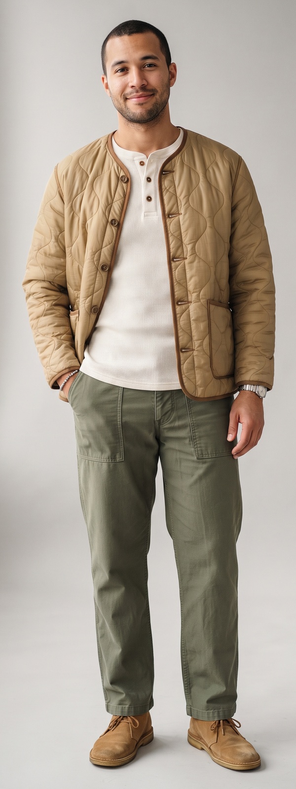Utilitarian Khaki Quilted Liner Jacket and Waffle Henley With Olive Fatigue Pants