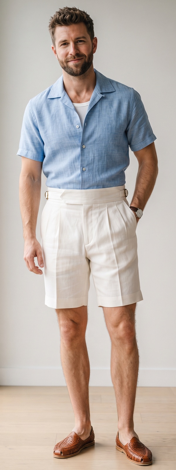 Light Blue Linen Camp Shirt with White Gurkha Shorts and Loafers