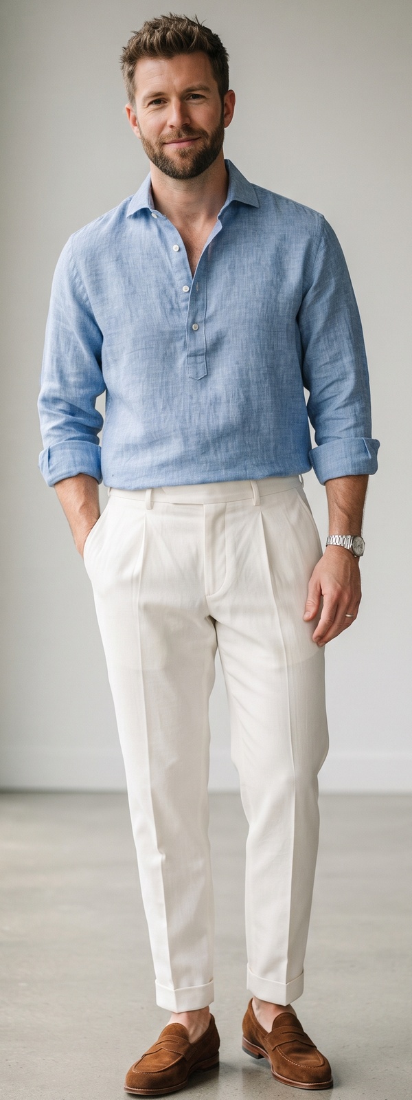 Light Blue Linen Popover Shirt With Cream Pleated Dress Pants and Suede Loafers