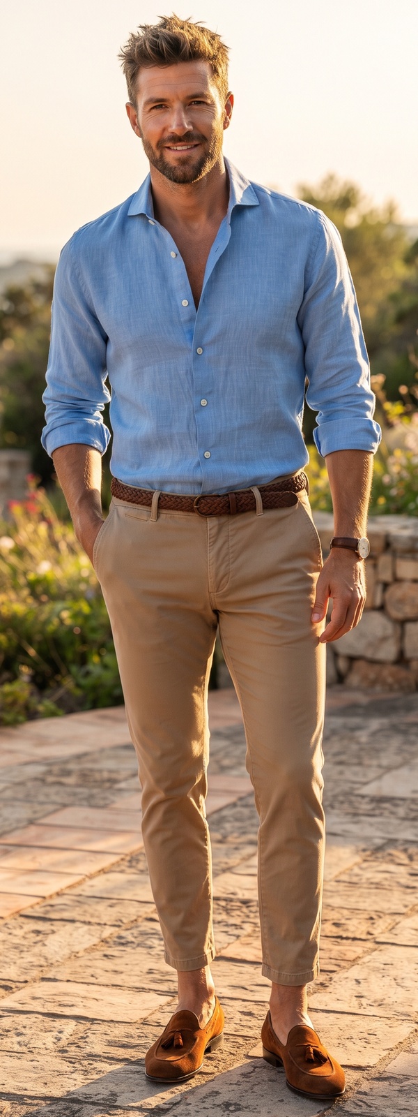 Light Blue Linen Shirt with Khaki Chino Pants and Tassel Loafers