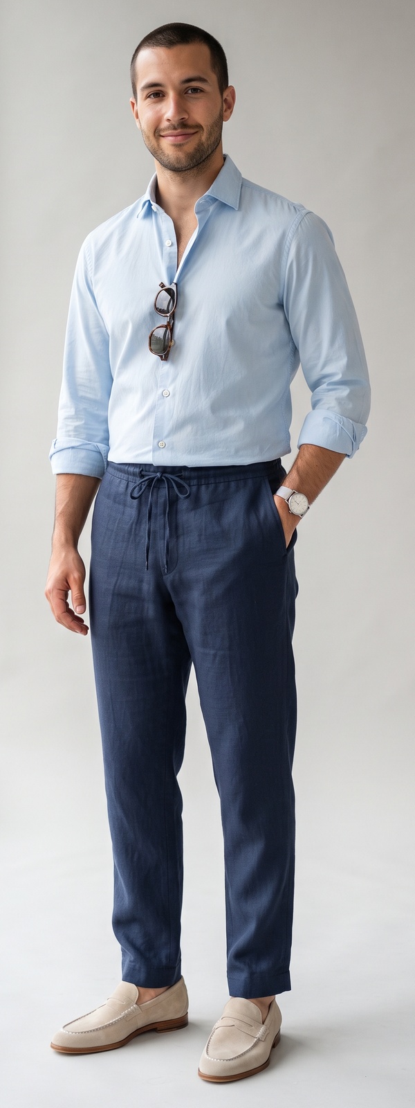 Coastal Light Blue Linen Shirt and Navy Drawstring Pants With Suede Loafers