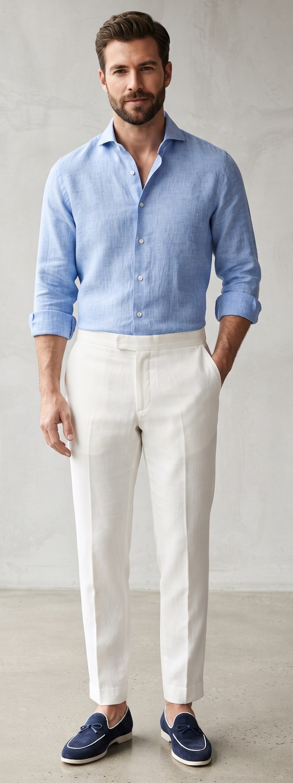 Light Blue Linen Shirt with White Linen Trousers and Navy Suede Loafers