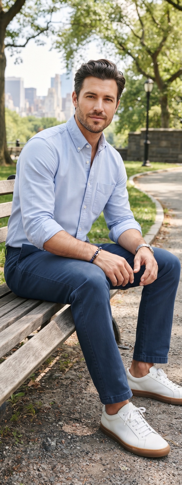 Light Blue Oxford Shirt, Navy Chinos & White Gum Sneakers