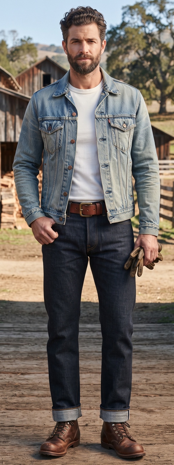 Light Wash Trucker Jacket, White Tee & Raw Selvedge Jeans
