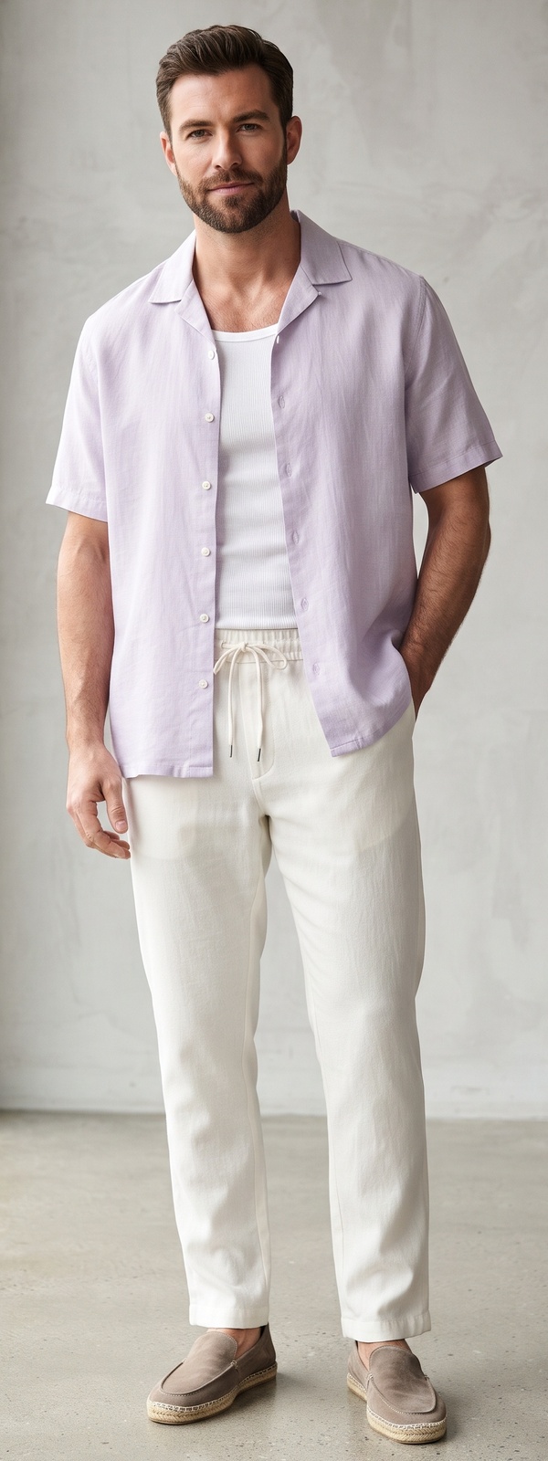 Lilac Linen Camp Collar Shirt with Off White Drawstring Pants