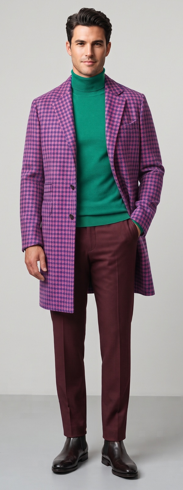Magenta Houndstooth Overcoat Emerald Turtleneck and Plum Dress Pants Look