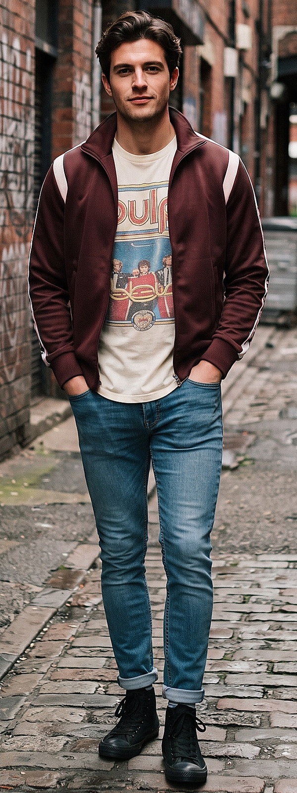 Retro Maroon Track Jacket and Band Graphic T Shirt Street Style
