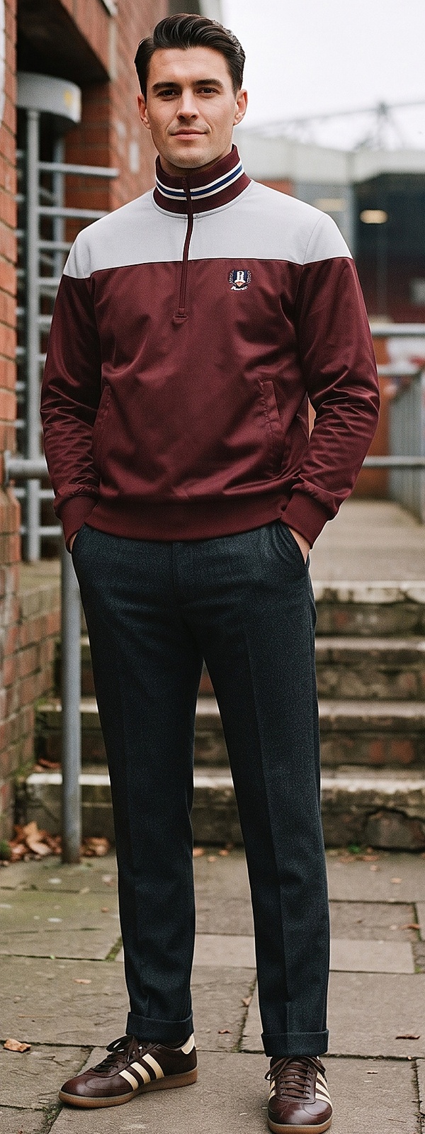 Heritage Maroon Track Jacket and Charcoal Wool Dress Pants Look