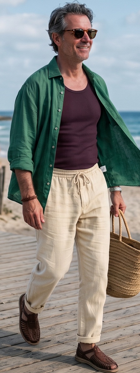 Mediterranean Coastal Resort Emerald Linen Shirt with Plum Ribbed Tank, Cream Linen Drawstring Pants, and Woven Leather Sandals Outfit
