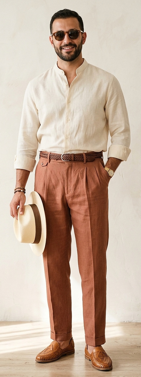 Mediterranean Summer Cream Linen Band Collar Shirt with Terracotta Pleated Trousers and Huarache Loafers