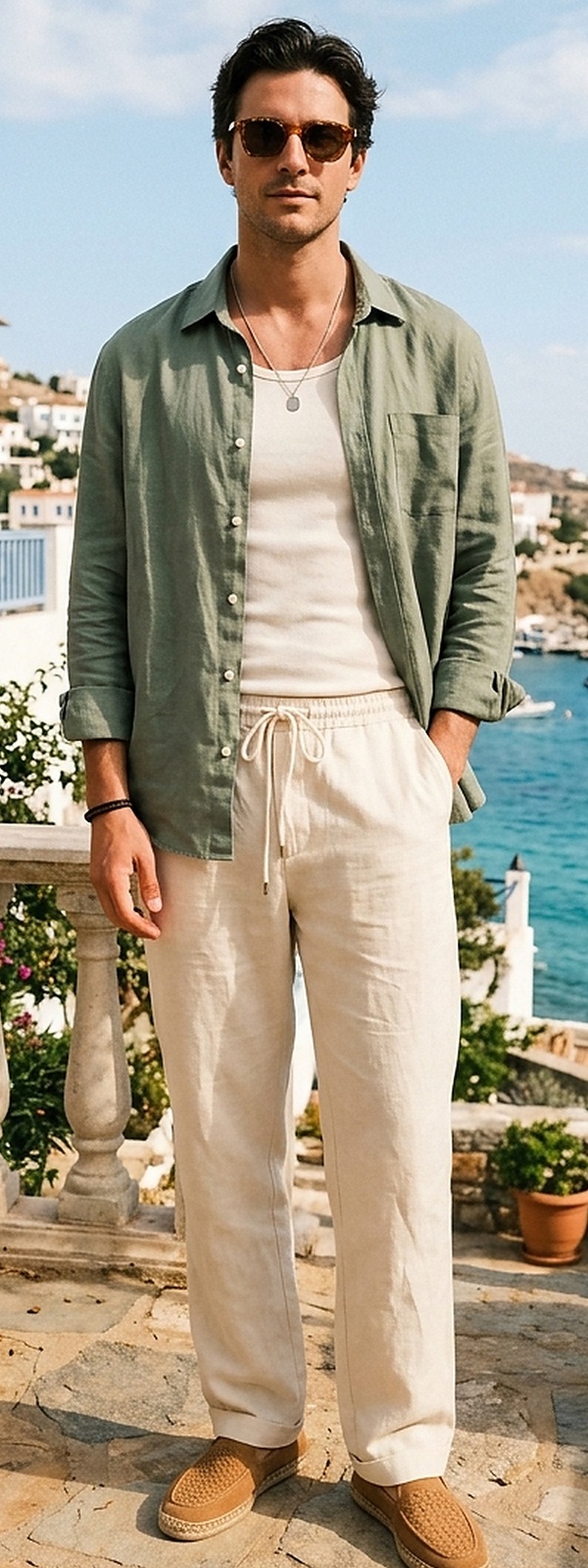 Mediterranean Resort Sage Green Linen Overshirt and Relaxed Cream Pants Look
