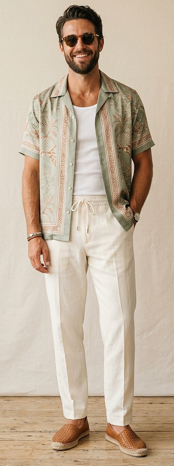 Mediterranean Riviera Camp Collar Shirt and Drawstring Linen Trousers with Espadrilles
