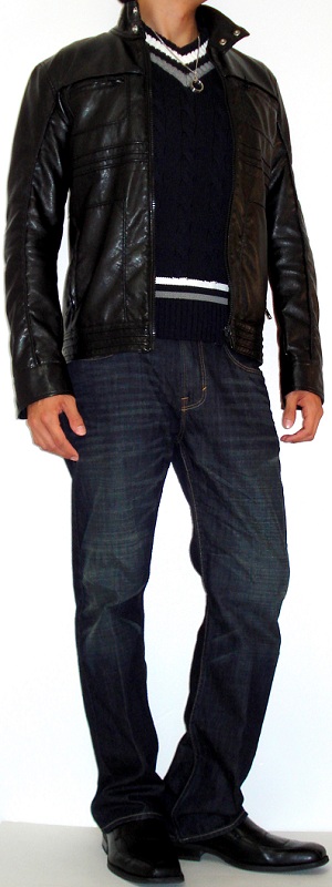 Men's Black Leather Jacket with Dark Blue Sweater Vest and Dark Wash Jeans