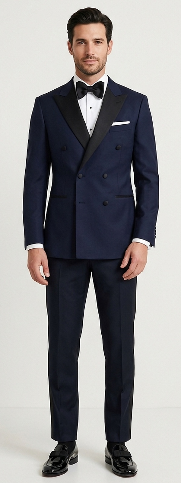 Midnight Navy Double Breasted Peak Lapel Tuxedo Evening Gala Look