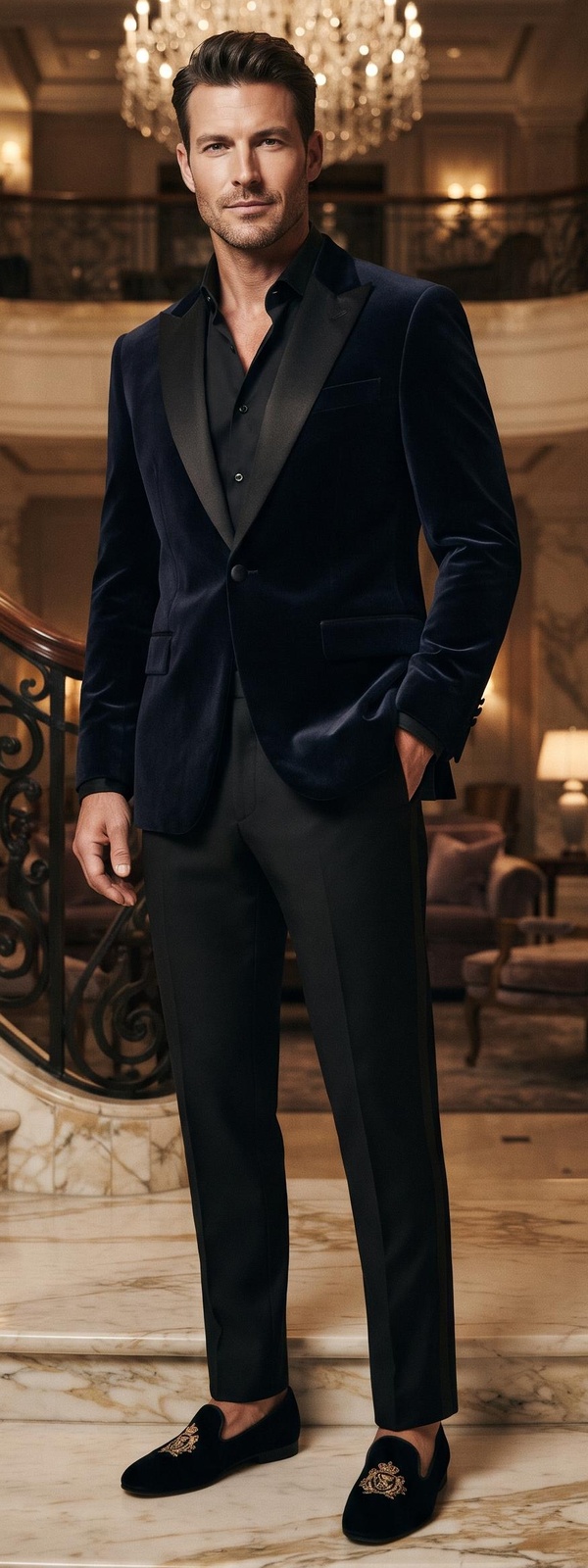 Midnight Navy Velvet Tuxedo Jacket, Silk Shirt & Embroidered Slippers