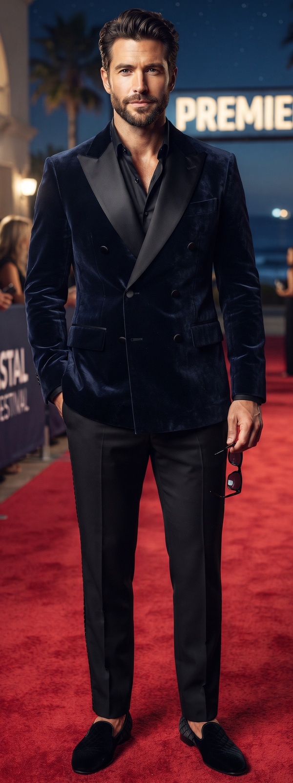 Midnight Navy Velvet Tuxedo Jacket, Silk Shirt, and Velvet Slippers