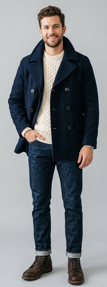 Midnight Navy Melton Wool Peacoat with Cream Fisherman Sweater and Raw Selvedge Jeans