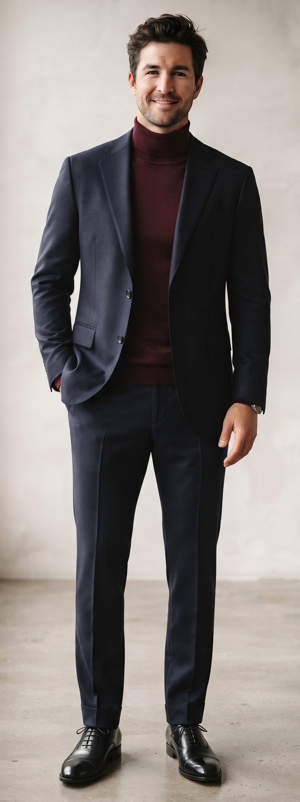 Midnight Navy Wool Suit with Burgundy Turtleneck and Oxford Shoes
