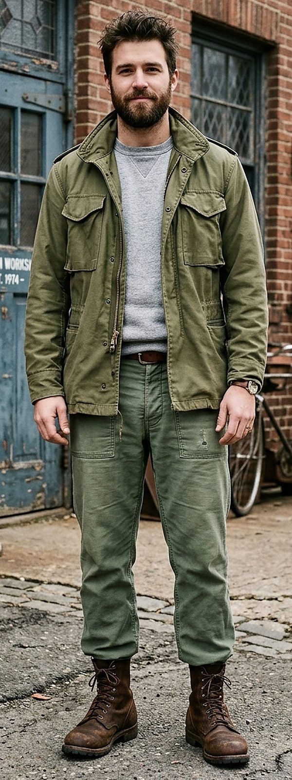 Military Surplus M-65 Field Jacket and Utility Fatigue Pants with Service Boots