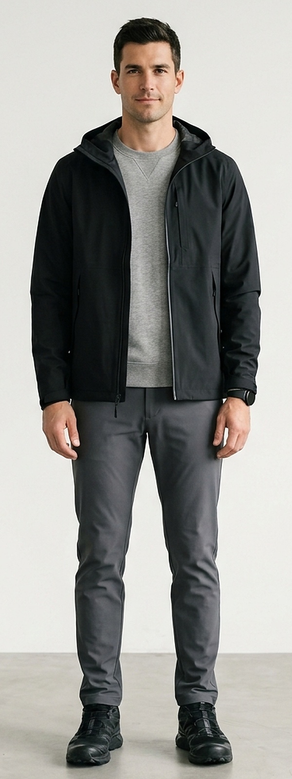 Minimalist Black Technical Rain Parka and Performance Chino Pants Commuter Look