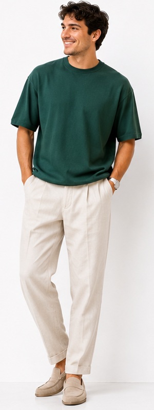 Minimalist Casual Emerald Green Crewneck Tee and Cream Pleated Trousers