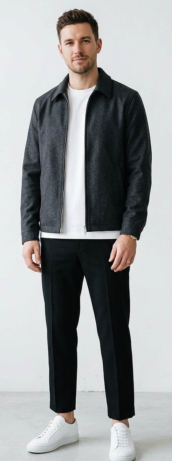 Scandinavian Minimalist Charcoal Wool Zip Overshirt with Black Cropped Trousers and White Sneakers