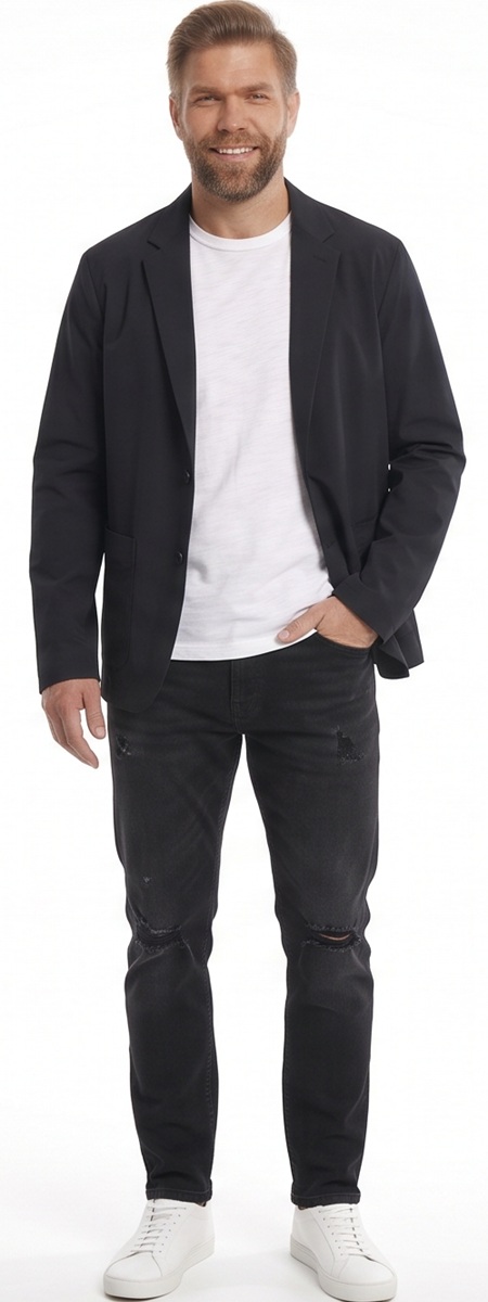 Minimalist Monochromatic Black Blazer and Distressed Jeans Outfit
