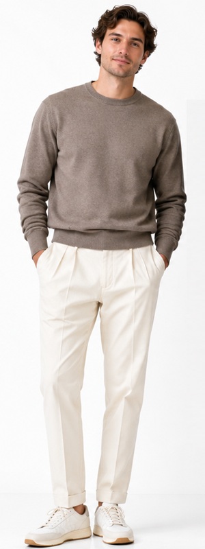 Minimalist Smart Casual Taupe Crewneck Sweater and Cream Pleated Trousers