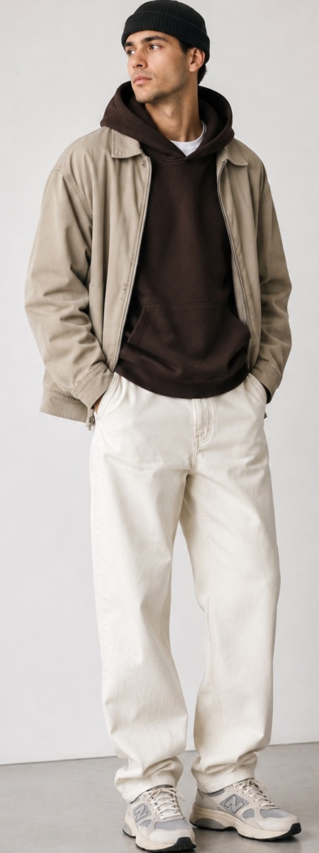 Minimalist Streetwear Beige Harrington Jacket and Dark Brown Hoodie