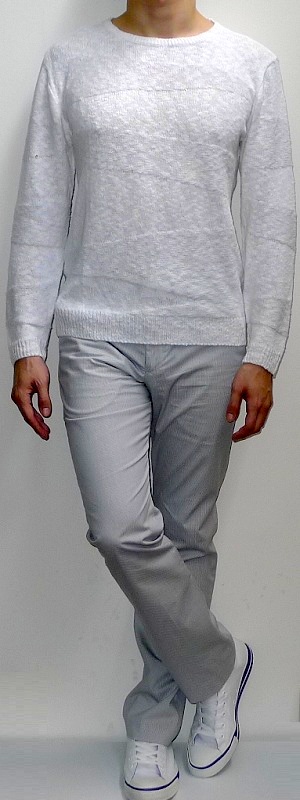 Minimalist White Textured Knit Crewneck Sweater with Grey Straight Fit Pants and White Canvas Sneakers Outfit
