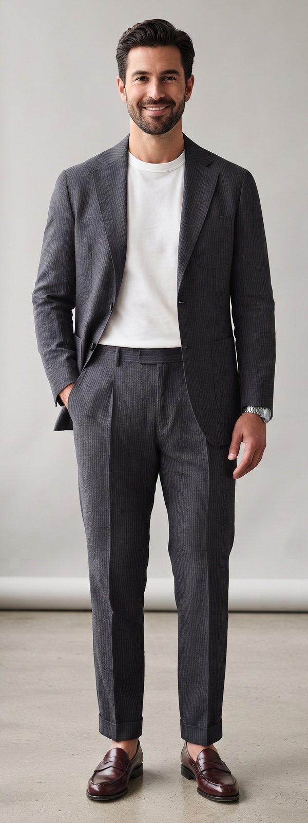 Modern Charcoal Pinstripe Suit with White Tee and Penny Loafers