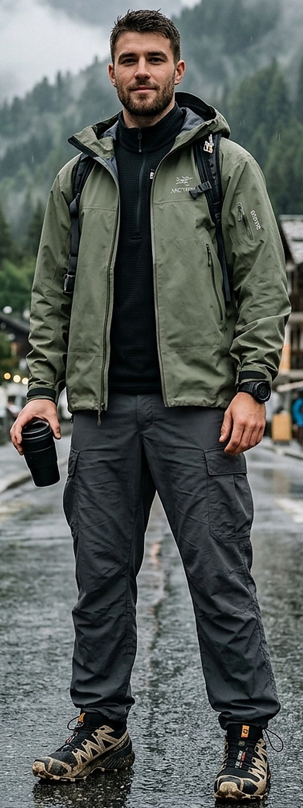 Modern Gorpcore Technical Mountain Shell and Ripstop Cargo Pants with Trail Runners