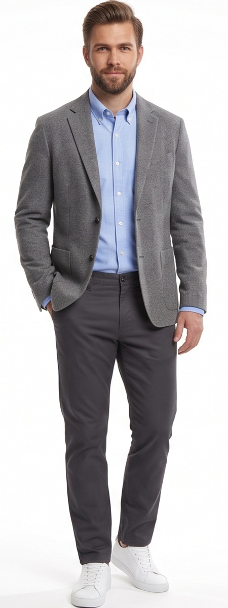 Modern Grey Blazer Business Casual Sneaker Look