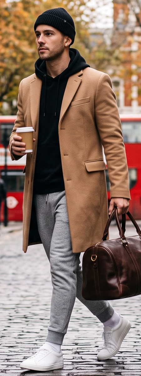 Modern High-Low Camel Wool Overcoat with Black Hoodie, Grey Sweatpants, Leather Weekender, and White Sneakers Outfit