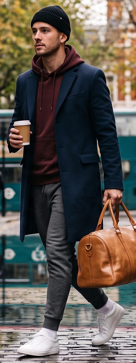Modern High-Low Navy Wool Overcoat with Burgundy Hoodie, Charcoal Sweatpants, Leather Weekender, and White Sneakers Outfit
