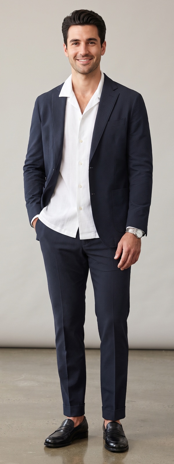 Modern Navy Seersucker Suit with Linen Camp Collar Shirt and Loafers