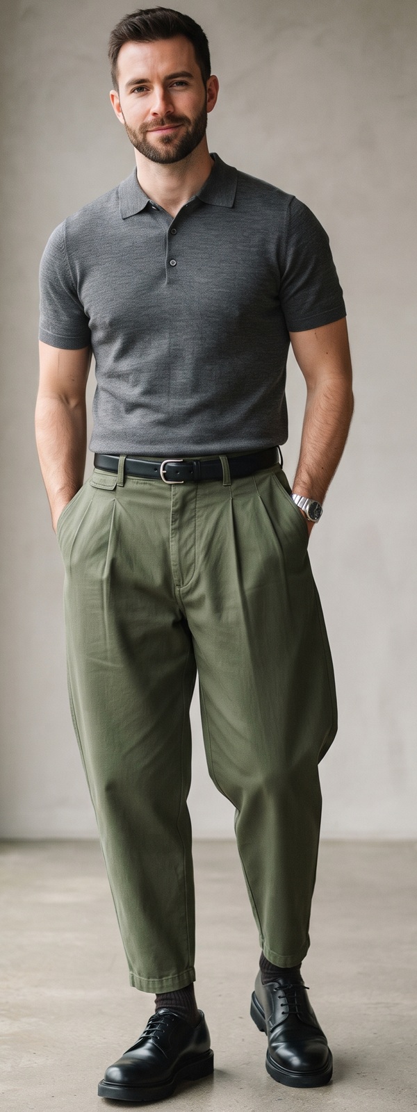 Modern Smart Casual Grey Knit Polo and Olive Pleated Pants Look