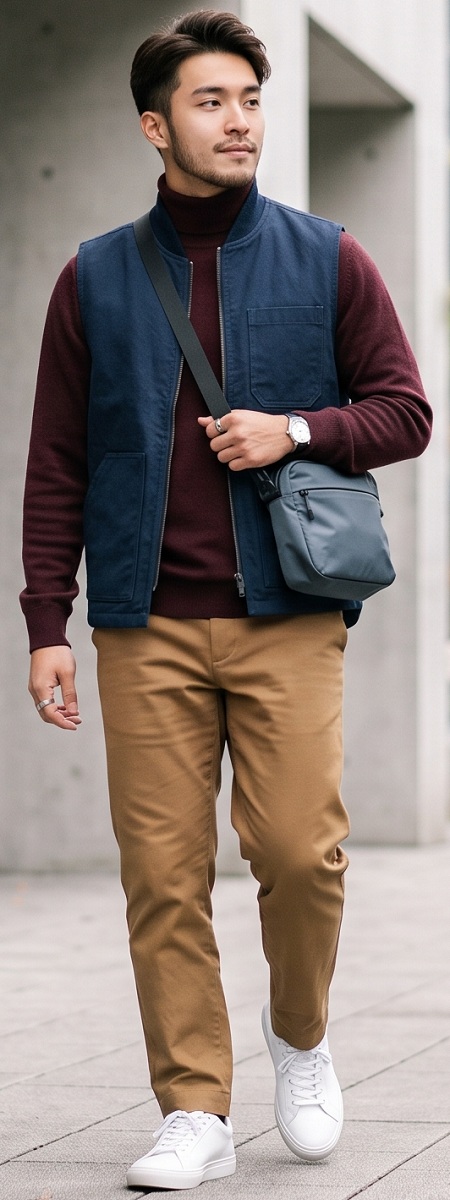 Modern Workwear Navy Utility Vest with Burgundy Turtleneck, Camel Chinos, Crossbody Bag, and White Sneakers Outfit