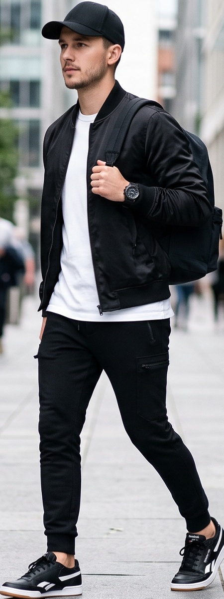 Monochrome Urban Black Bomber Jacket with White Crewneck Tee, Cargo Joggers, Baseball Cap, and Court Sneakers Outfit