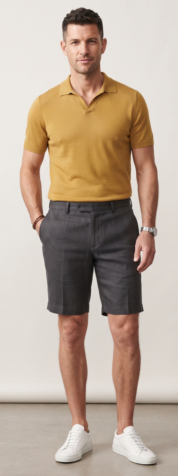 Mustard Johnny Collar Knit Polo and Charcoal Linen Shorts Look