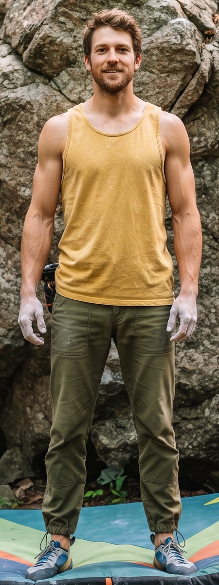 Mustard Tank Top and Olive Stretch Climbing Pants Outdoor Bouldering Look