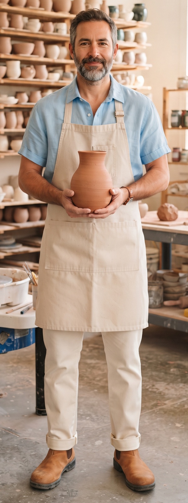 Natural Canvas Apron and Sky Blue Linen Shirt Pottery Workshop Look