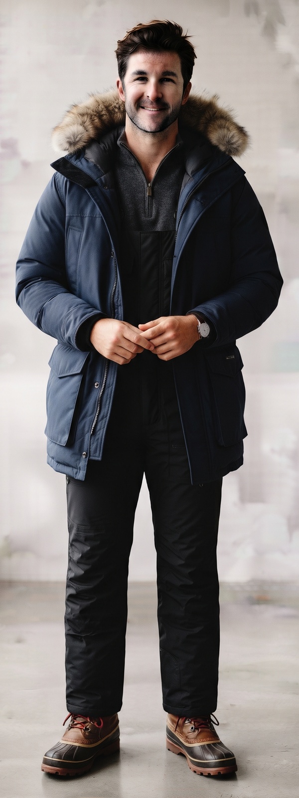 Navy Arctic Down Parka with Fur Hood and Winter Duck Boots