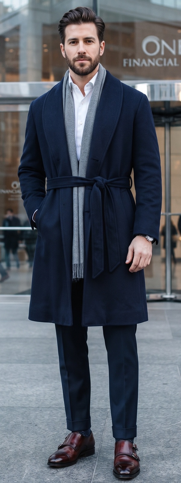 Navy Belted Overcoat, Grey Scarf, and Burgundy Monk Straps
